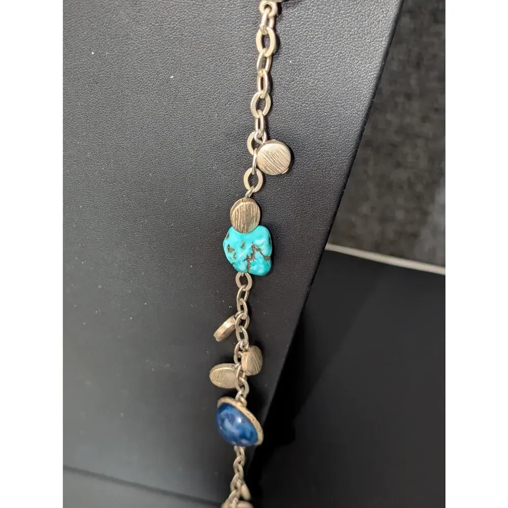 Chico's Signed Gold Tone Necklace With Faux Turquoise & Blue Cabochons